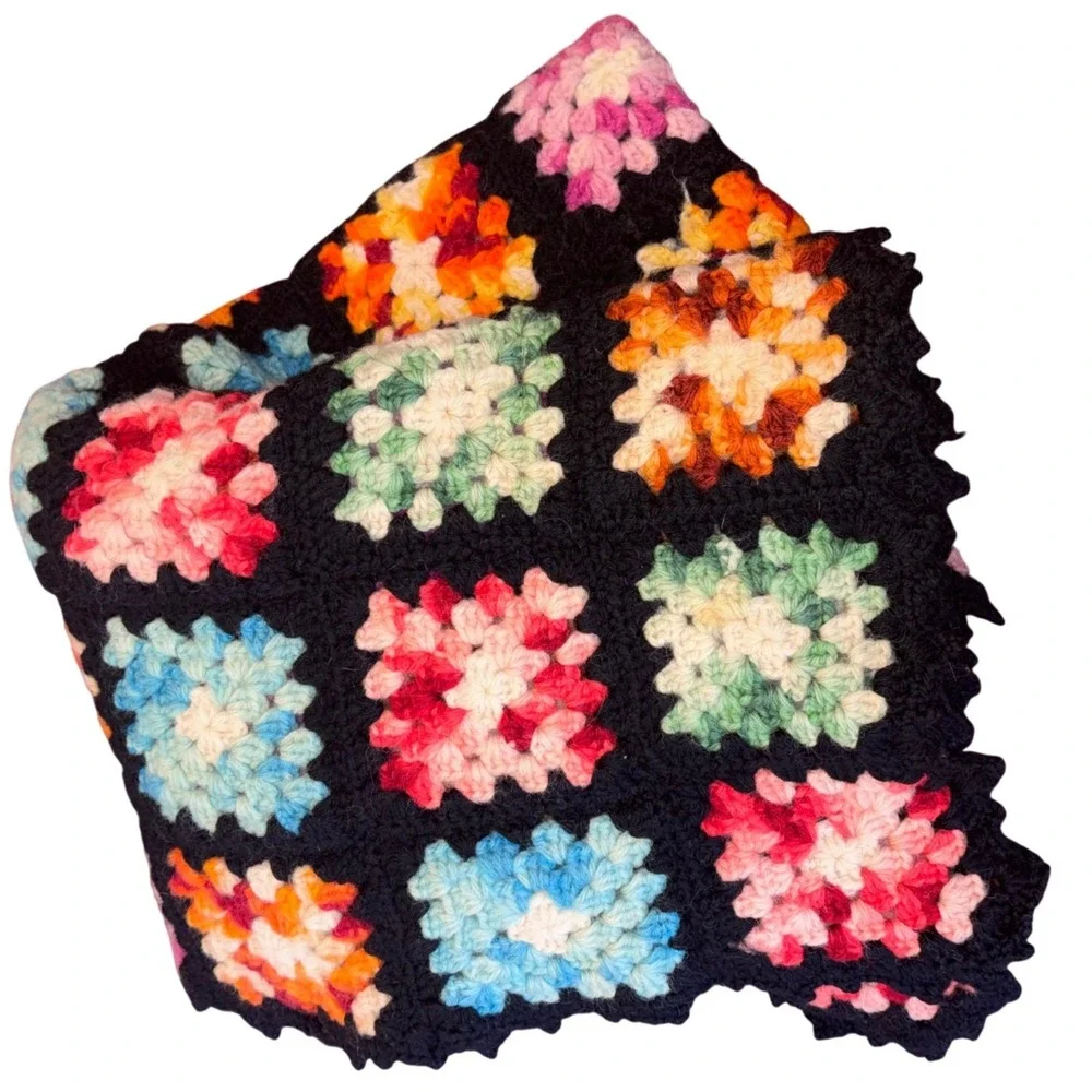 Vintage Handmade Crocheted‎ Granny Square Blanket Black Multi Color Afghan 43x60